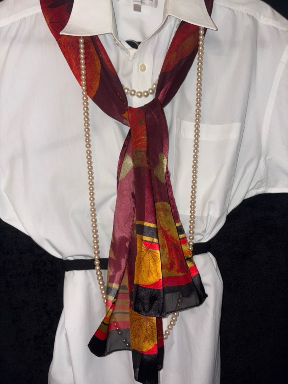 Leaf Print Oblong Scarf Burgundy Red Yellow Fall Vibe Sheer Satin Vibe EUC Mod